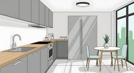 Modern gray kitchen interior with light wood countertops, stainless steel appliances, and a small dining table by the window with a city view