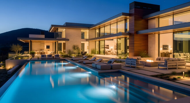 Luxury modern mansion with infinity pool and outdoor seating area at dusk with mountain backdrop - Powered by Adobe