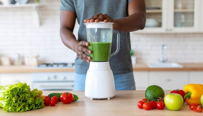 A man preparing a green smoothie in a blender in a bright kitchen, surrounded by fresh produce.