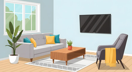 Cozy living room with comfortable sofa, armchair, coffee table, and large window offering a view of greenery, perfect for relaxation