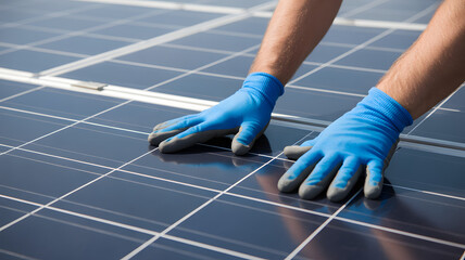 Skilled hands in blue gloves carefully installing solar panels, embracing clean energy future and sustainable technology