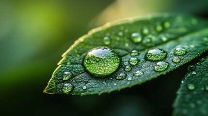 A close up of a green leaf covered in water droplets with a blurred green background in soft light