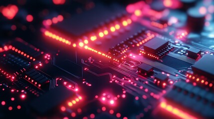 Obraz premium Close up view of a circuit board with red lights highlighting the intricate pathways and components