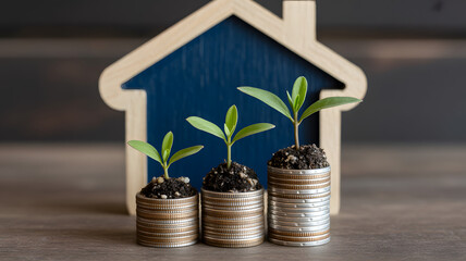 Growing wealth and investment success symbolized by young plants sprouting from stacked coins with a house in the background