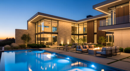Luxurious Modern Mansion with Infinity Pool and Fire Pit at Dusk, Architecturally Stunning Home Exterior