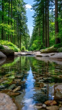 Forest Clearing Stream Reflection Lush Green Trees Tall Pine Forest Sunlight Sky Blue Water Rocks Glistening Calm Nature Scenic Landscape