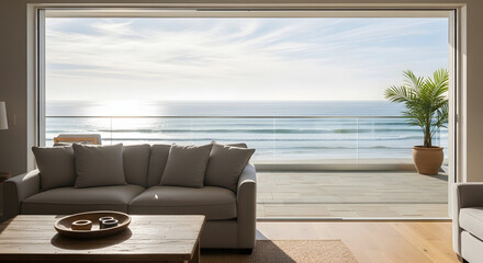 Idyllic beachfront living room with expansive ocean views and a cozy sofa, featuring a palm tree on the patio