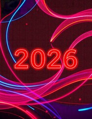 2026 Neon Red Text with Cyber Flowing Lines on Dark Grid Background