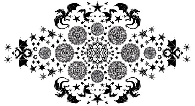Ornate Dragon and Star Mandala Design in Black and White.