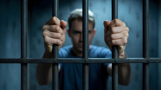 Desperate man grips prison bars, yearning for freedom, conveying confinement and despair in a stark, gritty cell environment