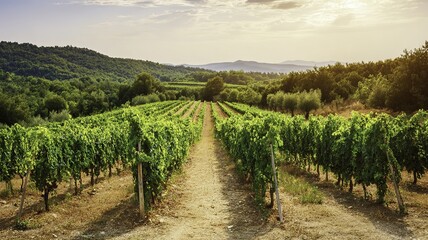Naklejka premium Rows of grapevines in a vineyard stretching into the distance with hills and trees in the background