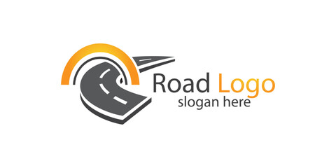 Road logo creative design. Asphalt road way. Road highway logotype emblem template vector illustration