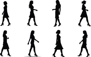 Woman walking silhouette, fashion motion cycle, elegant posture, high heels, dress movement, animation reference, stylish stride, body gesture, model pose