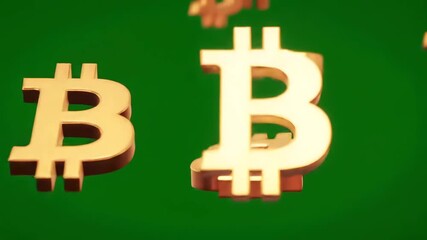Golden Bitcoin symbols falling against a vibrant green background representing cryptocurrency digital finance and blockchain technology in a dynamic visual display of wealth and investment. - Powered by Adobe