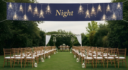 Elegant outdoor wedding ceremony setup at dusk with rows of chairs and decorative lights under a banner