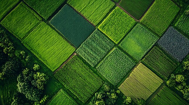 Aerial view of a patchwork of green fields and crops showing agriculture and landscape patterns