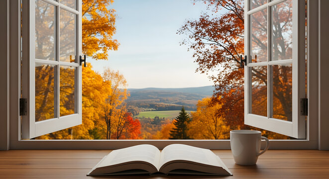 Cozy autumn scene through an open window with a book and coffee mug, vibrant fall foliage in the distance