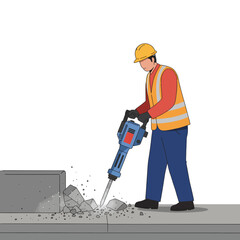 Construction worker using jackhammer on pavement