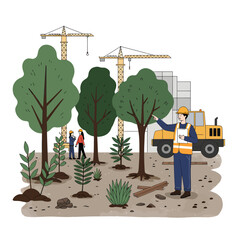 Reforestation construction scene with workers