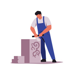 Stone carver meticulously shapes intricate design