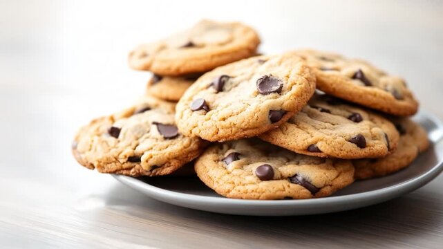 Golden brown chocolate chip cookies stacked on plate