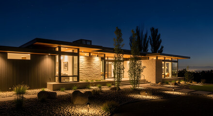 Modern Residence Exterior at Night Illuminated by Outdoor Lighting Showcasing Architectural Design and Landscaping
