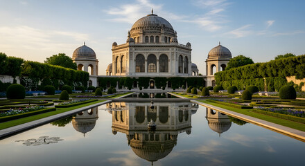 Magnificent architectural marvel with symmetrical gardens and a tranquil reflecting pool under a clear sky