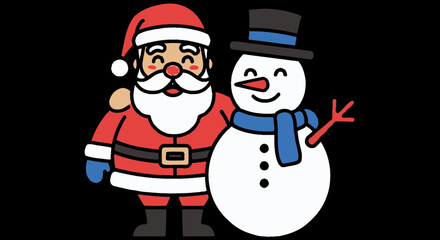 Cartoon illustration of Santa Claus with his arm around a snowman, both smiling against a black background.