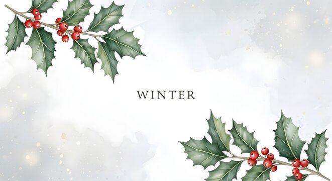 Winter holly branches with red berries and snowflakes