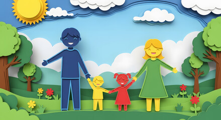 A happy family of four, with a father, mother, son, and daughter, enjoying a sunny day in nature, rendered in a charming paper-cut art style