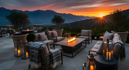 Breathtaking Sunset Over a Luxury Mountain Resort Patio with Fire Pit and Comfortable Seating - Perfect for Relaxation