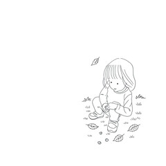 Line art illustration of a little girl sitting and looking at an acorn in autumn leaves, minimal and cute monochrome style.