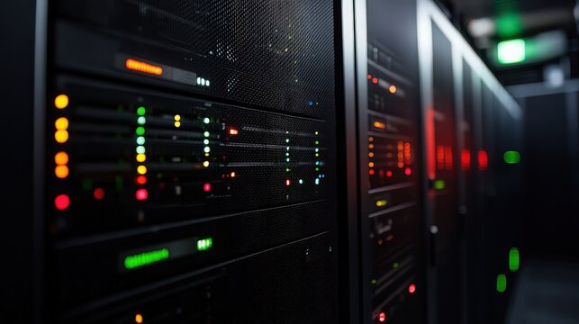 Modern Data Server Rack with LED Lights – High-Tech Datacenter Infrastructure