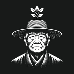 Wise Elder with Hat and Plant Symbolism.
