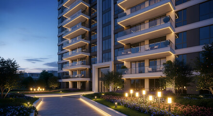 Modern Residential Building Exterior with Balconies and Landscaped Garden Illuminated by Soft Evening Lights