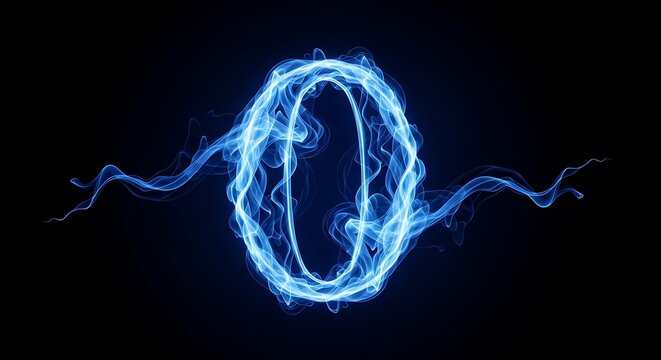 Blue energy number zero with glowing trails on black background