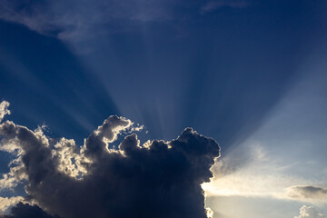 Sunset sky with clouds and sun rays. Beautiful natural background.