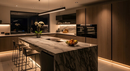 Modern Luxury Kitchen Island with Integrated Seating and Ambient Lighting