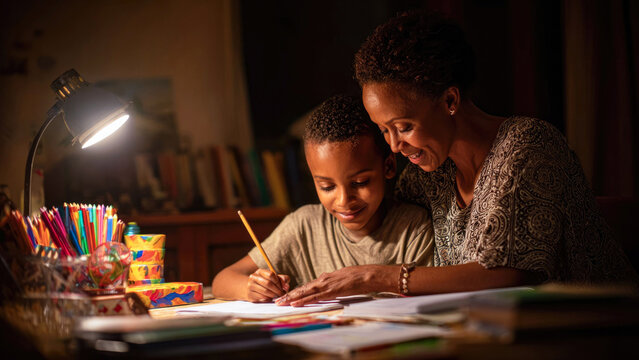 Mother and son spending time together in the evening, drawing and doing homework at the table in the room, family leisure concept at home