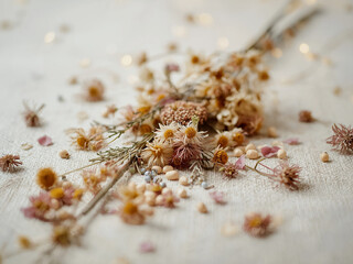A bundle of dried wildflowers and seeds scattered on light fabric, warm indoor light and selective focus, rustic still life for decor projects.