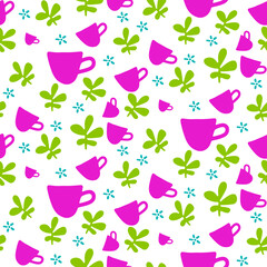 Coffee cup and floral seamless pattern