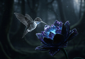 A hummingbird hovers near a glowing, luminous flower in a dark, mysterious forest setting.
