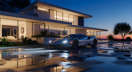 Luxury Modern Mansion with Sports Car parked outside on a wet driveway during twilight, reflecting lights