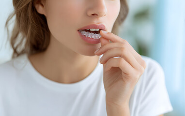 Fototapeta premium Confident woman elegantly placing clear aligners on teeth for a radiant smile and perfect alignment