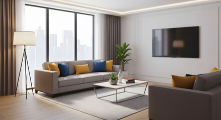 Modern living room with comfortable sofa, large windows, and a flat-screen television mounted on the wall