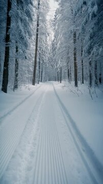 Cross country ski tracks through frozen forest, parallel lines in fresh snow, peaceful winter sports