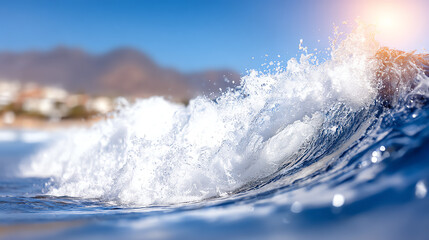 Obraz premium A stunning ocean wave crashes beautifully against the shore, capturing the essence of nature's power and serenity on a sunny day.