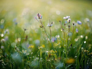 Colorful wildflowers blooming in a soft green meadow, natural backlit daylight and shallow depth of field, dreamy spring scene for seasonal designs.