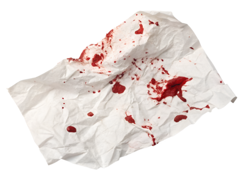 Crumpled white tissue paper stained with red blood spots isolated on white