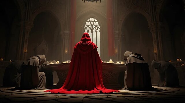 Mysterious Red Robed Figure Leading Hooded Cult Gathering in Ancient Stone Temple.